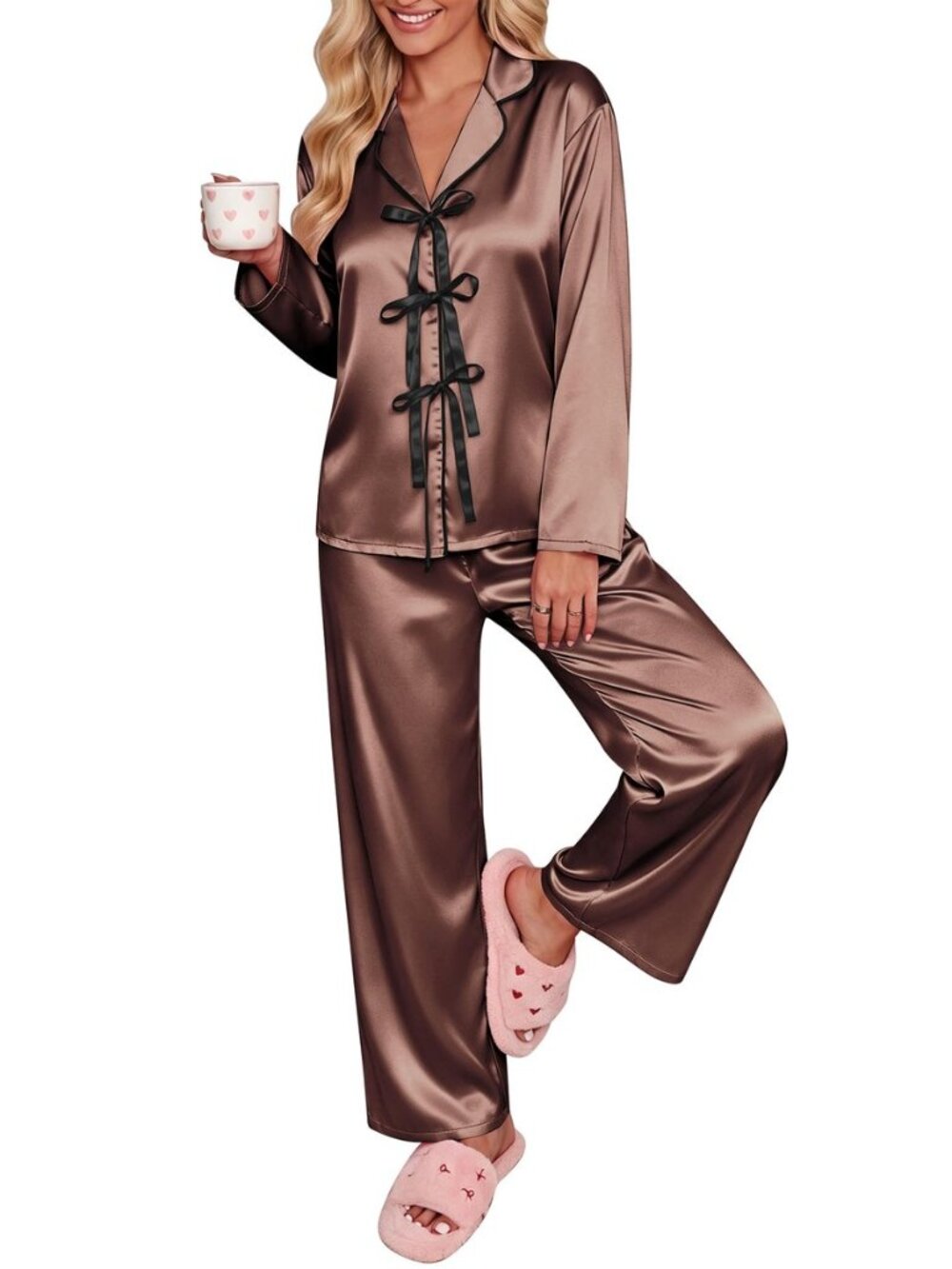 Womens Satin Pajamas Set Bow Tie Front Pjs Long Sleeve Lounge sets